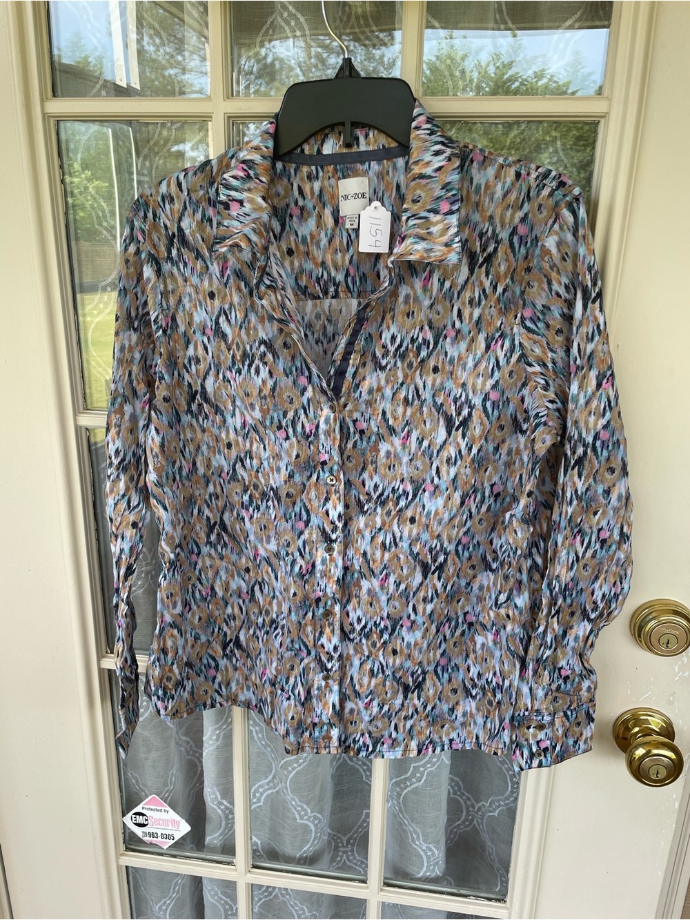 Nic+Zoe Ikat Print Button Front Blouse Medium Pink Aqua Tan Lightweight Top